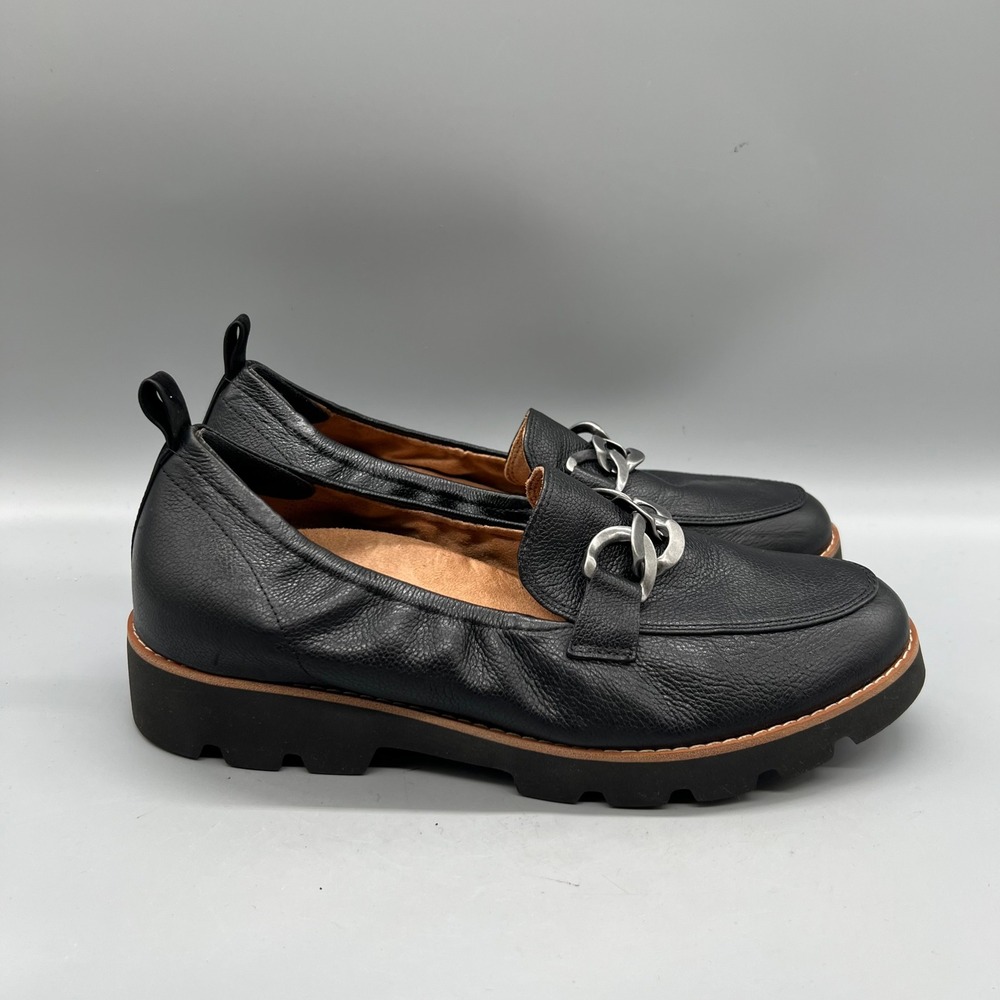 Vionic Loafers Womens 8.5 Black Leather Lug Sole Chain Link Cynthia Comfort